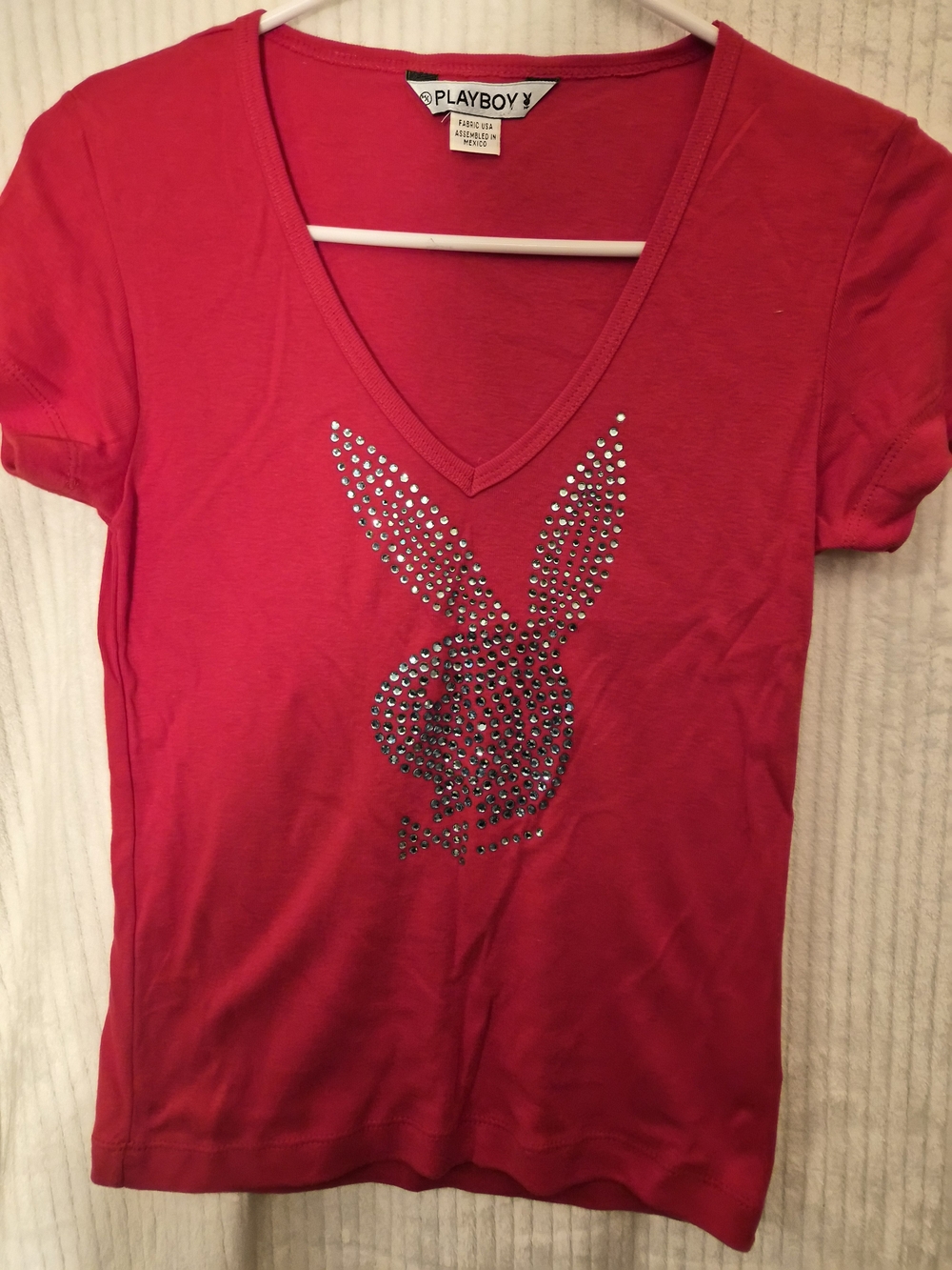 VTG Y2K Playboy Rhinestone Tee M L Red California Sunshine V Neck Crop Top